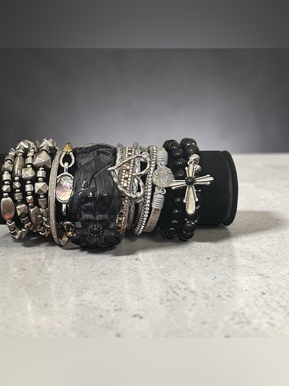Stackable Black Beaded & Silver Accent Bracelet Set Boho Link Chain Mesh Layered
